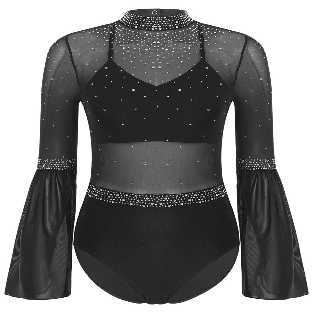 YOOJOO Women's Rhinestone Ballet Gymnastics Dance Leotard Mockneck Flare Sleeve Figure Skating Dance Costume Black X-Large