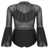 YOOJOO Women's Rhinestone Ballet Gymnastics Dance Leotard Mockneck Flare Sleeve Figure Skating Dance Costume Black X-Large view 2