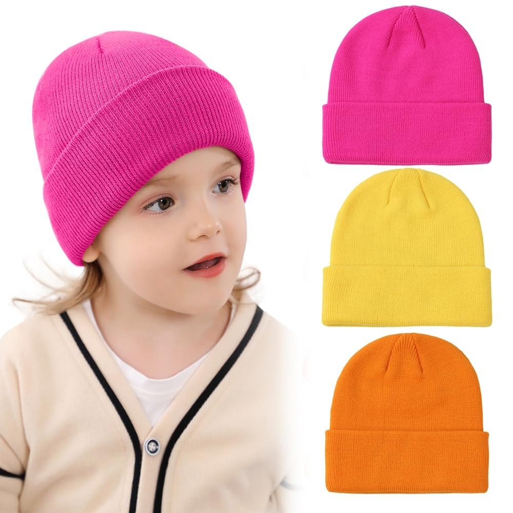 corfhy 3Pcs Kid's Winter Beanies Knitted Warm Cold Weather Beanie Hats Boys Girls Caps Warm Cozy Knitted Winter Hats