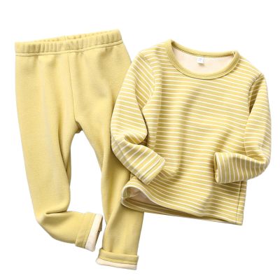 2-Piece Striped Thermal Underwear for Kids Boys Girls Winter Base Layer Set Fleece Lined (Yellow, 18-24 Months)