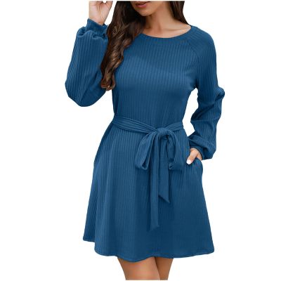 Akklian Sweater Dresses for Women Crewneck Long Sleeve Short Dress Ribbed Knit Elegant Business Casual Mini Dress with Belt Blue