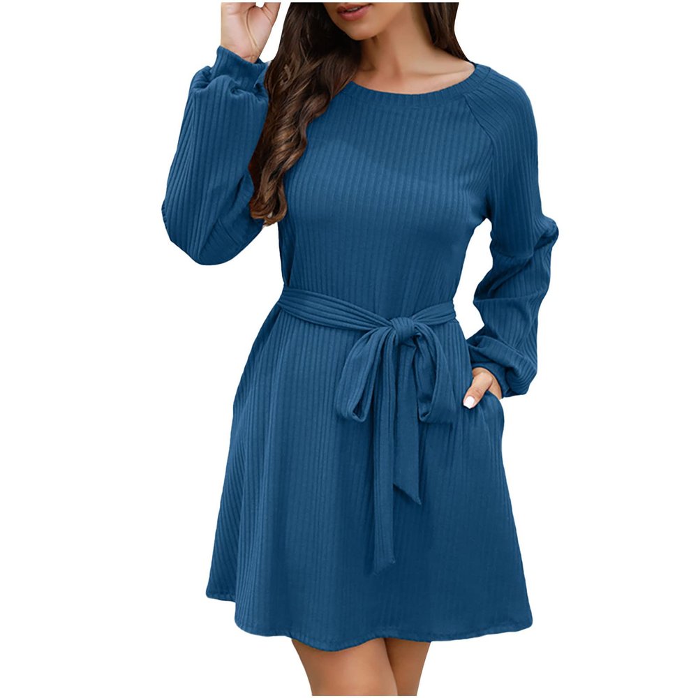 Akklian Sweater Dresses for Women Crewneck Long Sleeve Short Dress Ribbed Knit Elegant Business Casual Mini Dress with Belt Blue