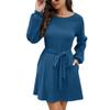 Akklian Sweater Dresses for Women Crewneck Long Sleeve Short Dress Ribbed Knit Elegant Business Casual Mini Dress with Belt Blue view 3