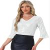 Allegra K Sequin Top for Women's 3/4 Bell Sleeve V Neck Metallic Sparkly Glitter Party Blouse Small Silver view 1