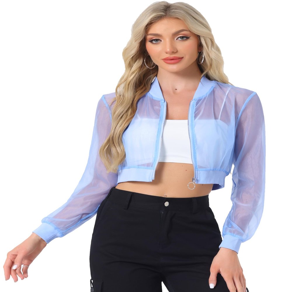 Allegra K Mesh Crop Jacket for Women's Party Club Lightweight Long Sleeve Bomber Sheer Jacket X-Large Light Blue