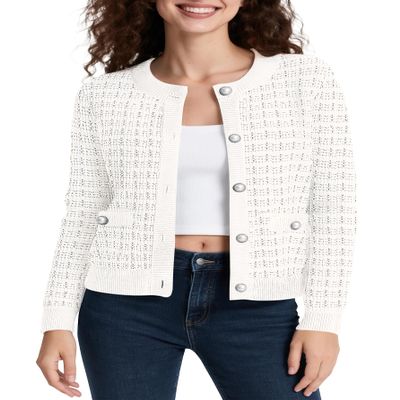 Urban CoCo Women's Open Front Button Down Knit Cropped Cardigan Casual Long Sleeve Sweater Jacket (White,S)