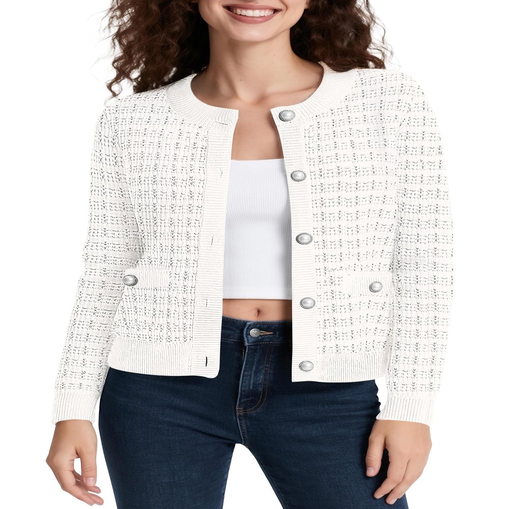 Urban CoCo Women's Open Front Button Down Knit Cropped Cardigan Casual Long Sleeve Sweater Jacket (White,S)