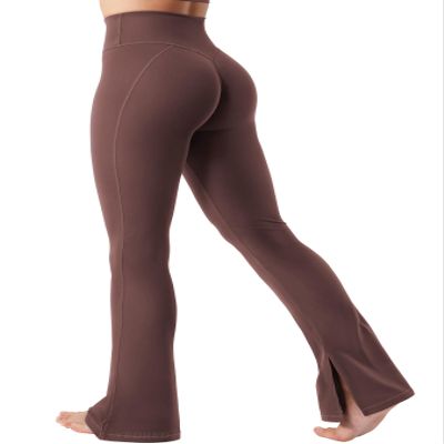 YEOREO Flare Split Hem Leggings for Women Tummy Control Workout Leggings Nasreen Hidden Scrunch Bootcut Gym Yoga Pants Brown S