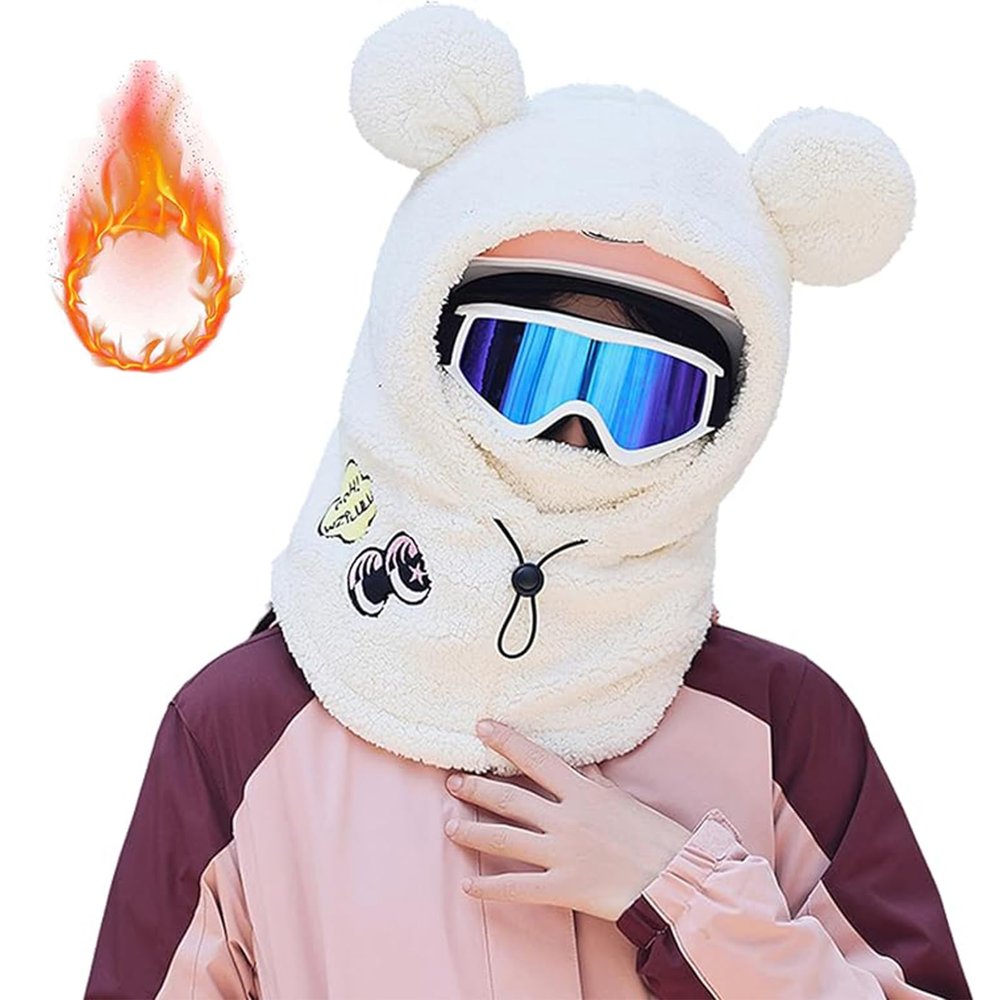 Sherpa Hood Ski Mask for Women, Winter Fleece Hood Ski, Windproof Drawstring Face Cover Hat Coldproof Cap Scarf (US, Alpha, One Size, E-Ski Hat Panda - White)