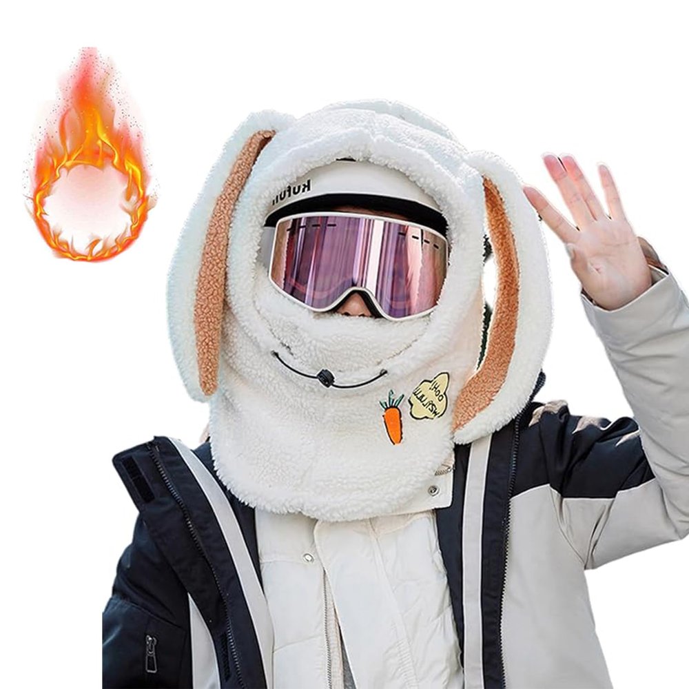 Sherpa Hood Ski Mask for Women, Winter Fleece Hood Ski, Windproof Drawstring Face Cover Hat Coldproof Cap Scarf (US, Alpha, One Size, E-Ski Hat Long-Eared Rabbit - White)