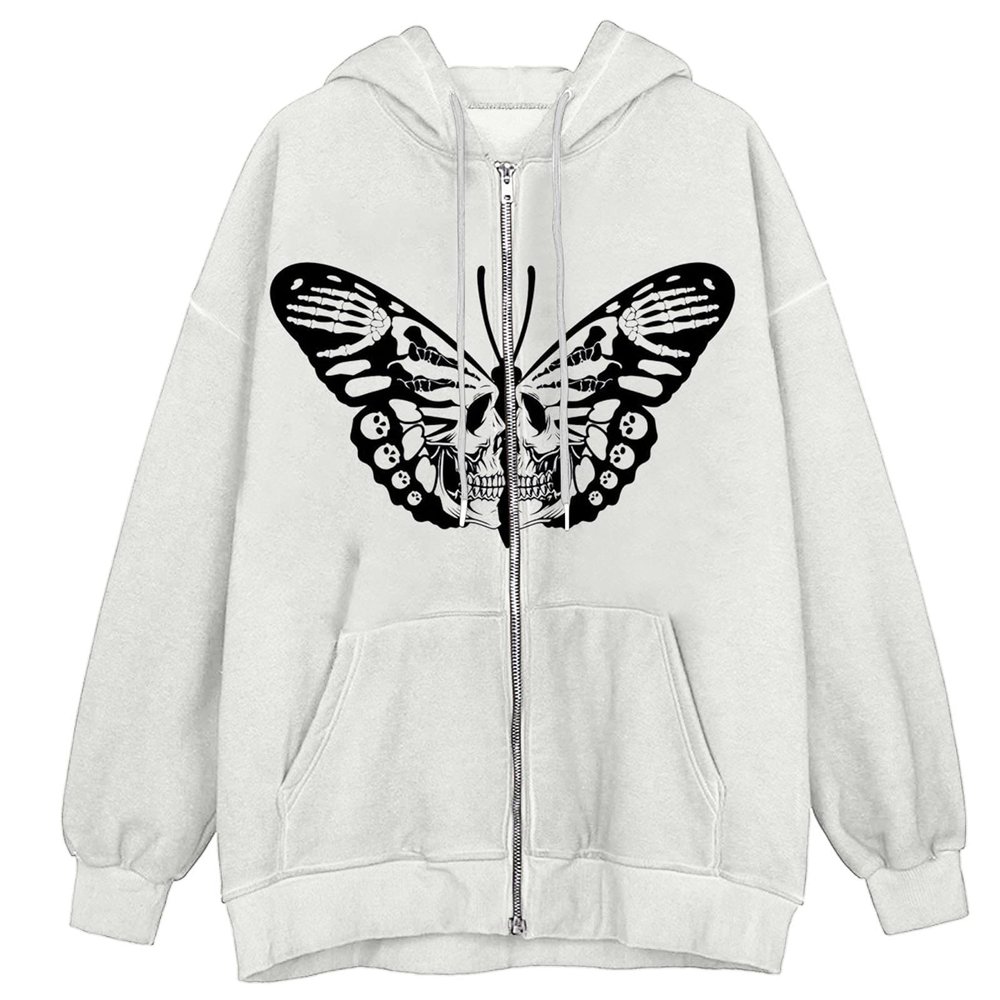 Deals Abrigos Para Mujer Lightweight Fall Jacket Women Women Gothic Graphic Print Hooded Drawstring Zip Up Pocket Long Sleeve Coat Loose Teen Girls Jacket (White, S) Coats With Hood