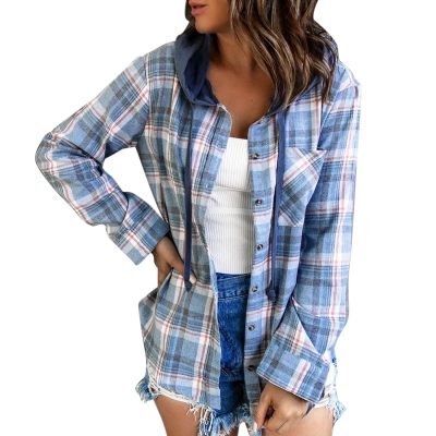 Todays Daily Deals Fall Coats Womens Sweater Jacket Women Casual Classic Blouse Plus Size Hoodies Drawstring Plaid Shirts Long Sleeve Button Loose Top (Blue, M) Winter Warm Hooded Coats With Pockets