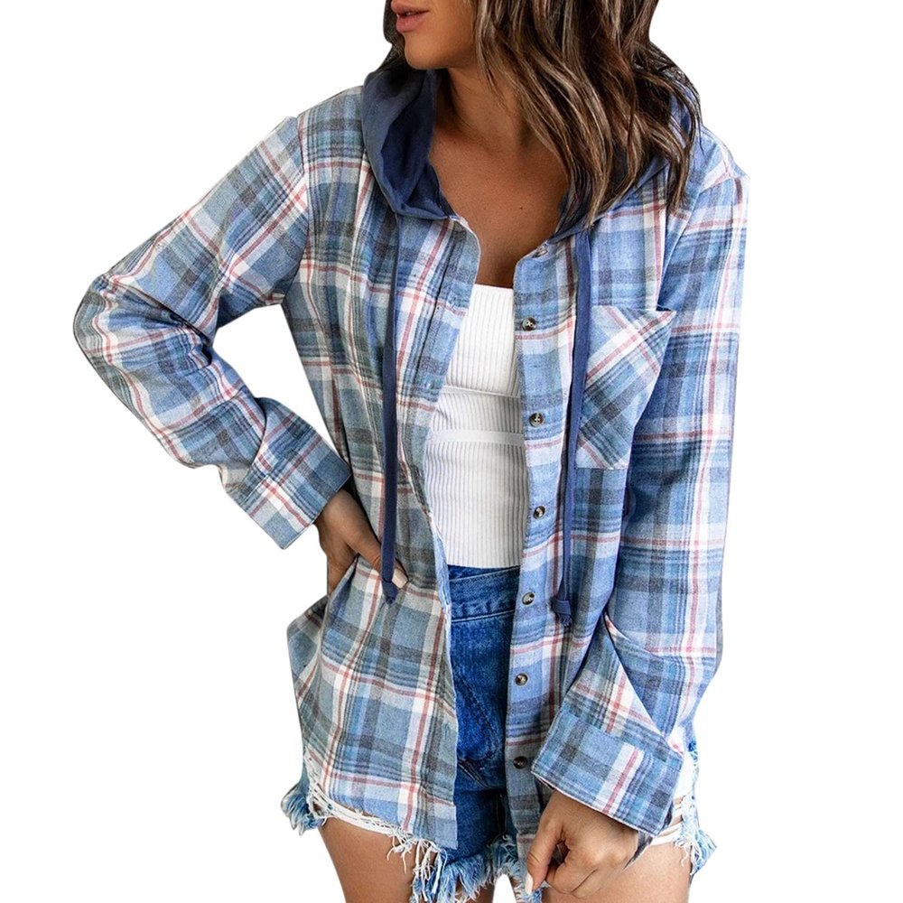 Todays Daily Deals Fall Coats Womens Sweater Jacket Women Casual Classic Blouse Plus Size Hoodies Drawstring Plaid Shirts Long Sleeve Button Loose Top (Blue, M) Winter Warm Hooded Coats With Pockets