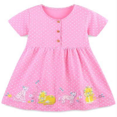 Hongshilian Toddler Girl Cotton Summer Dress Cartoon Appliques Short Sleeve Casual Clothing(2T,Pink&Lion)