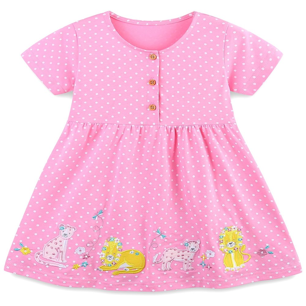 Hongshilian Toddler Girl Cotton Summer Dress Cartoon Appliques Short Sleeve Casual Clothing(2T,Pink&Lion)