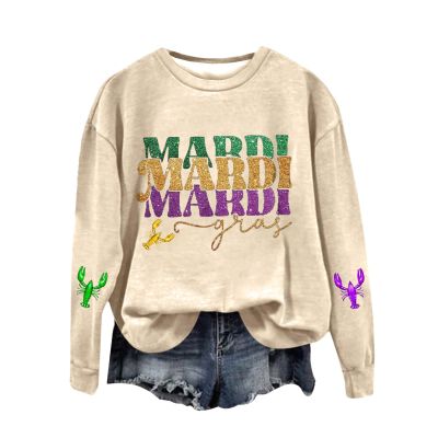 GOKKILRW Mardi Gras Shirts Women Rave Party Funny Graphic Sweatshirts Carnival Outfits Trendy Spring Long Sleeve Print New Orleans Blouses Loose Casual Fat Tuesday Street Parade Tops Khaki