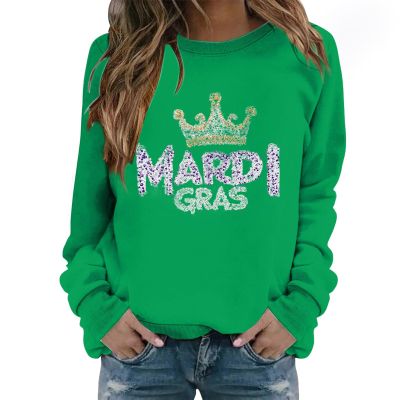 GOKKILRW Womens Mardi Gras Funny Shirts Casual Long Sleeve Carnival Print Tops New Orleans Fat Tuesday Sweatshirts Rave Party Parade Shirt Novelty Graphic Blouses Spring Casual Streetwear B Green
