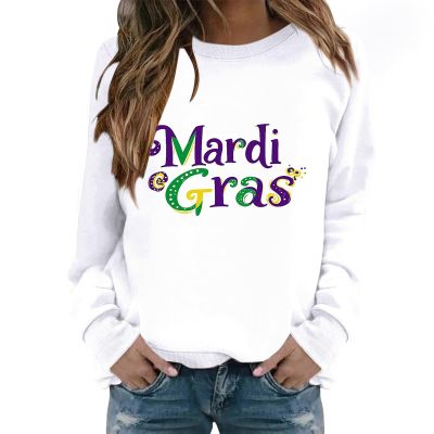 GOKKILRW Womens Mardi Gras Funny Shirts Casual Long Sleeve Carnival Print Tops New Orleans Fat Tuesday Sweatshirts Rave Party Parade Shirt Novelty Graphic Blouses Spring Casual Streetwear A White