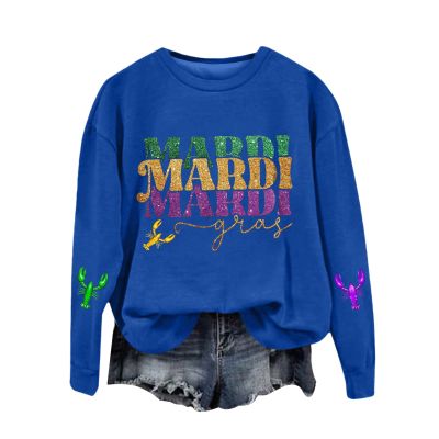 GOKKILRW Mardi Gras Shirts Women Rave Party Funny Graphic Sweatshirts Carnival Outfits Trendy Spring Long Sleeve Print New Orleans Blouses Loose Casual Fat Tuesday Street Parade Tops Blue
