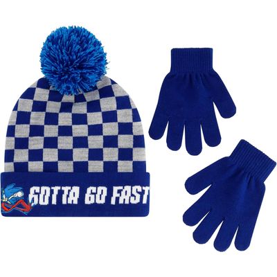 Sonic The Hedgehog Kids Winter Beanie Hat and Gloves Set, Boys Cuffed Winter Knit Cap with Pom and Matching Mittens, Gotta go Fast, Blue Checkers, One Size