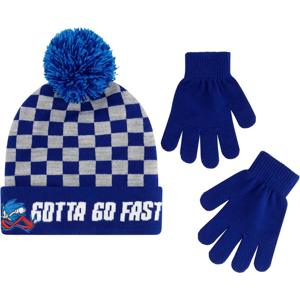 Sonic The Hedgehog Kids Winter Beanie Hat and Gloves Set, Boys Cuffed Winter Knit Cap with Pom and Matching Mittens, Gotta go Fast, Blue Checkers, One Size