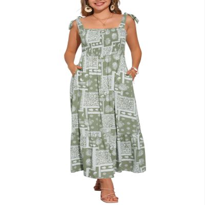 Allegra K Summer Spaghetti Strap Dress for Women's Beach Printed Square Neck Maxi Sun Dresses A-Line Long Dress Small Green