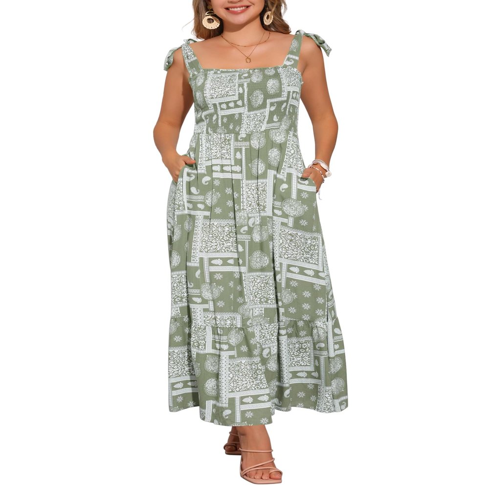 Allegra K Summer Spaghetti Strap Dress for Women's Beach Printed Square Neck Maxi Sun Dresses A-Line Long Dress Small Green