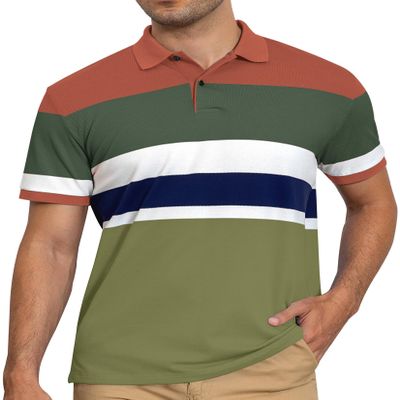 AbbyHold Cotton Short Sleeve Striped Polo Shirts for Men Pique Golf Shirts (S, Green)