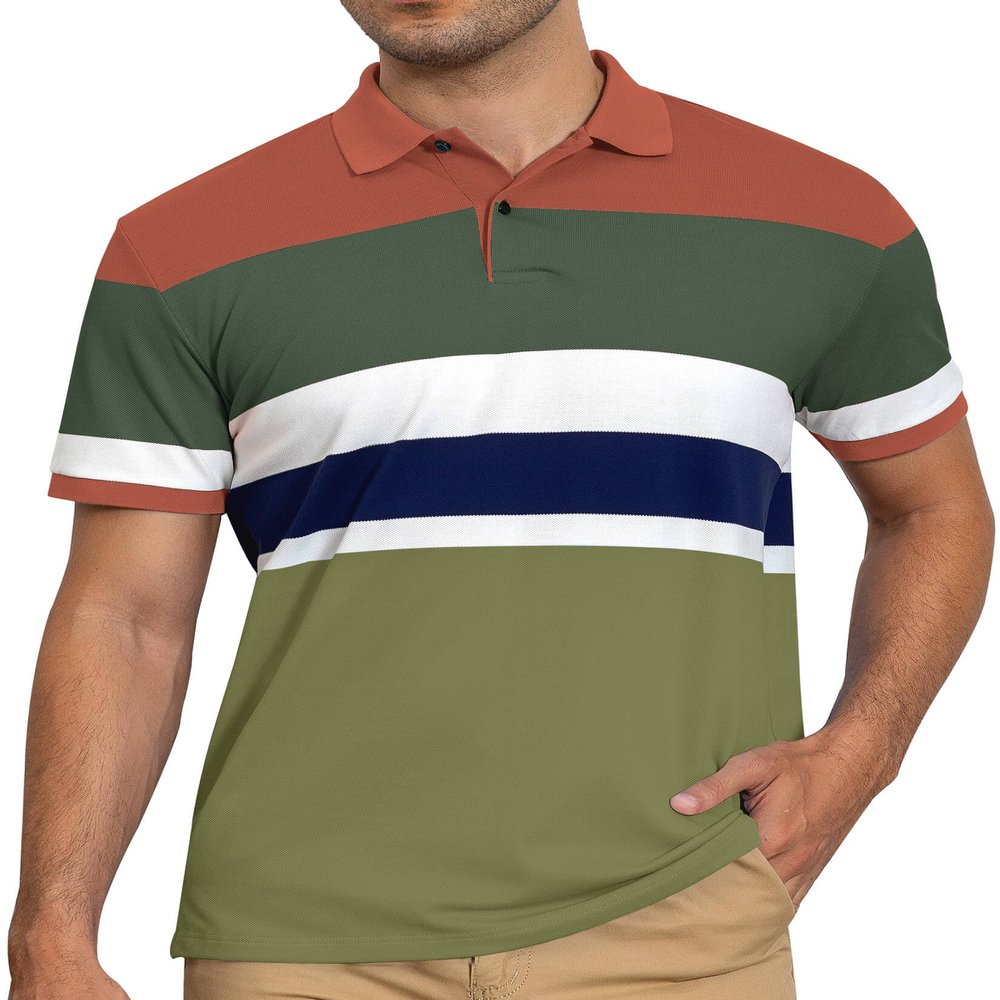 AbbyHold Cotton Short Sleeve Striped Polo Shirts for Men Pique Golf Shirts (S, Green)