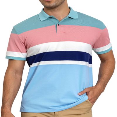 AbbyHold Cotton Short Sleeve Striped Polo Shirts for Men Pique Golf Shirts (S, Blue)
