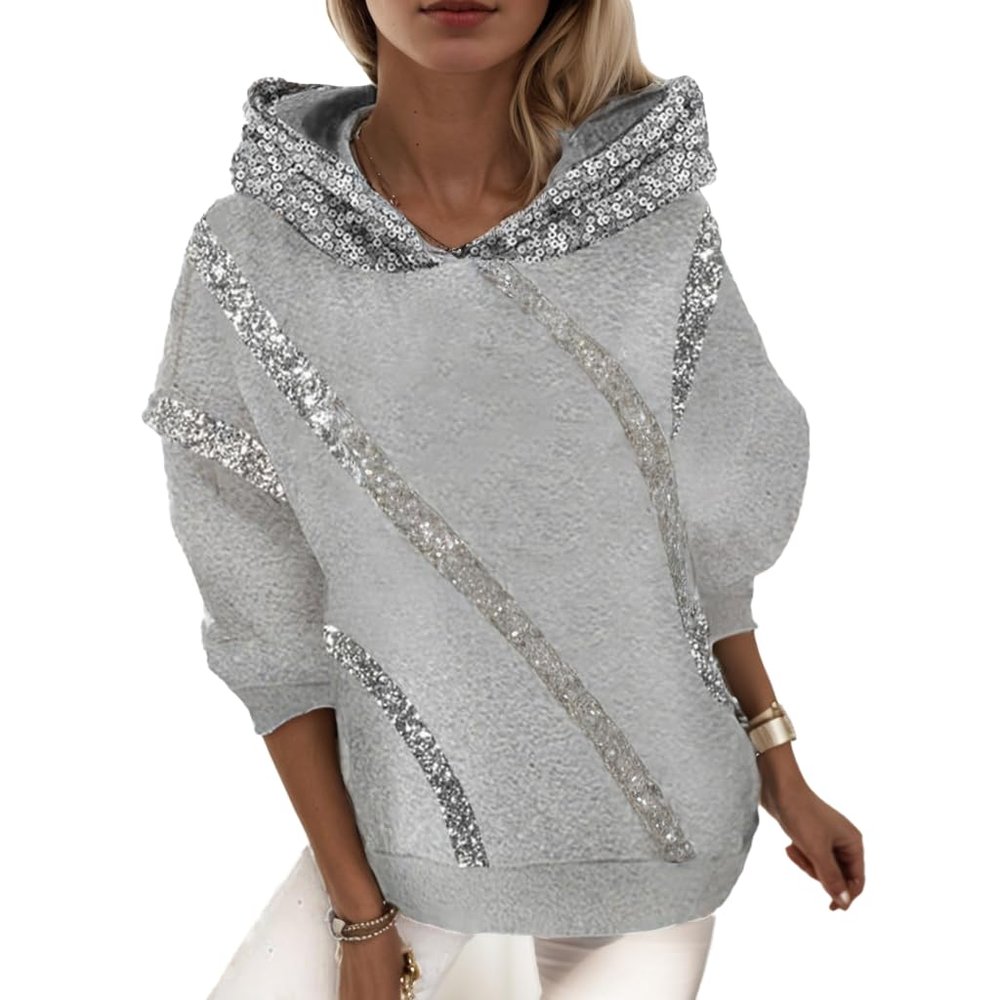 Epanus Womens Fashion Sequin Print Hoodie Sweatshirt Loose Fit Long Sleeve Casual Pullover Tops Blouse Sweatshirt Grey