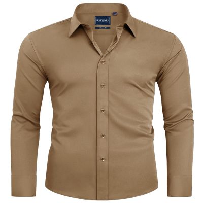 Alimens & Gentle Men's Dark Khaki Dress Shirt Slim Fit Long Sleeve Stain Shield Button Down Shirts Office Travel S