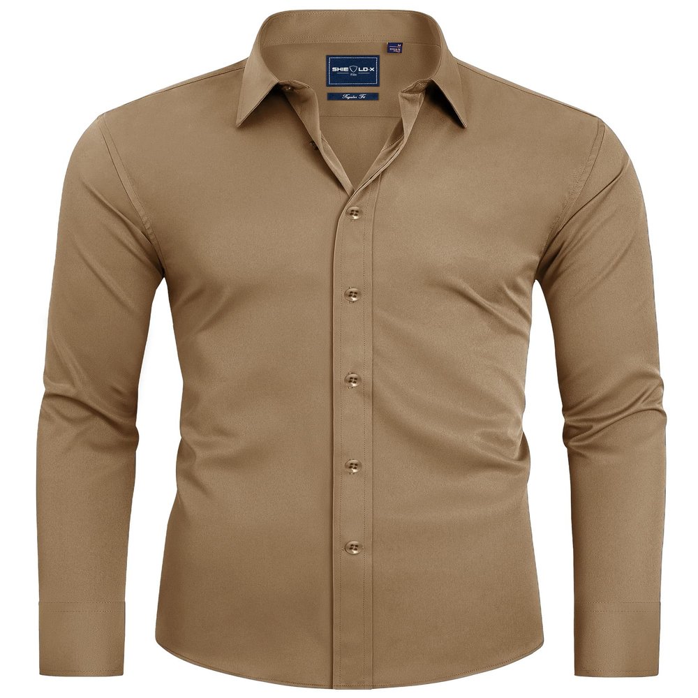 Alimens & Gentle Men's Dark Khaki Dress Shirt Slim Fit Long Sleeve Stain Shield Button Down Shirts Office Travel S