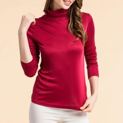Womens Silk Tops Turtleneck Long Sleeve Mulberry Silk T Shirt Ultra Soft Thermal Layer Tops Slim High Neck Blouse Undershirts (3X-Large,Wine Red)
