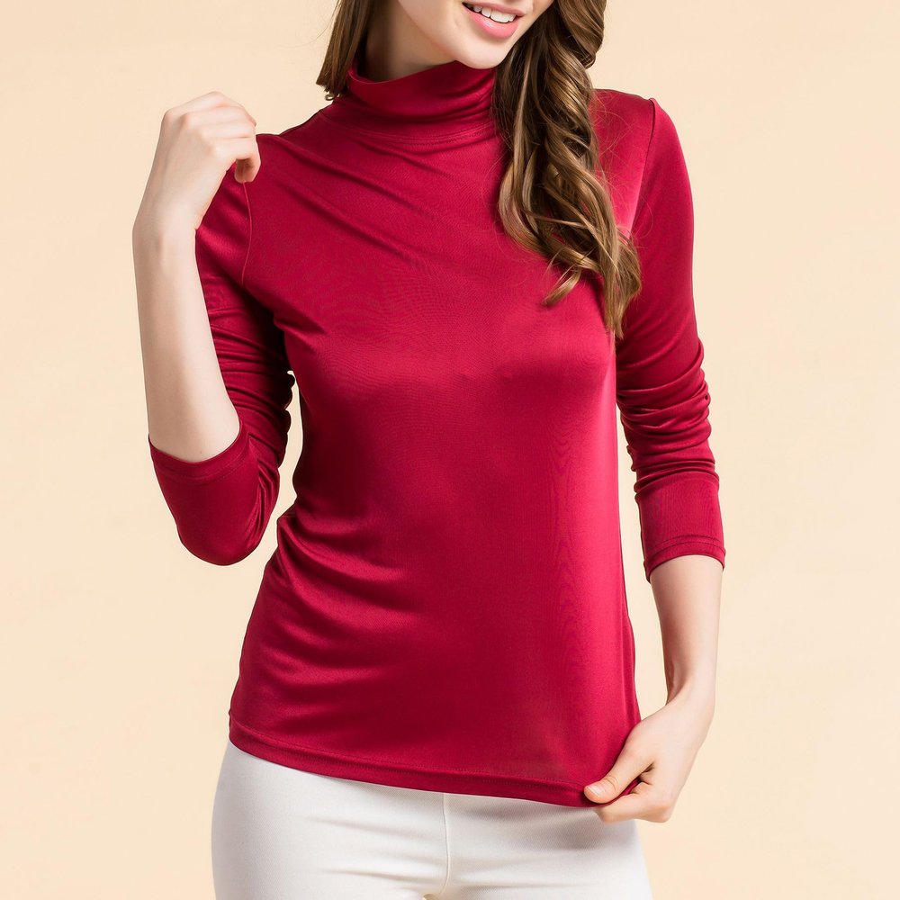 Womens Silk Tops Turtleneck Long Sleeve Mulberry Silk T Shirt Ultra Soft Thermal Layer Tops Slim High Neck Blouse Undershirts (3X-Large,Wine Red)