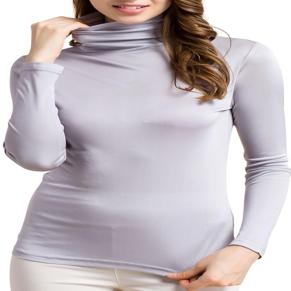 Womens Silk Tops Turtleneck Long Sleeve Mulberry Silk T Shirt Ultra Soft Thermal Layer Tops Slim High Neck Blouse Undershirts (XX-Large,Gray)