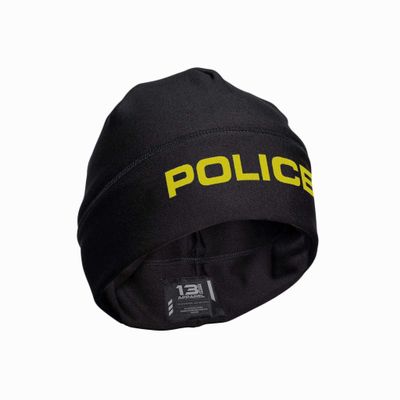 13FA Police Utility Beanie - USA Patriotic Gear - Poly-Spandex Blend for Stretch-Fit Comfort - Unisex Hi-Vis Winter Hat (US, Alpha, One Size, Standard, Black & Gold)