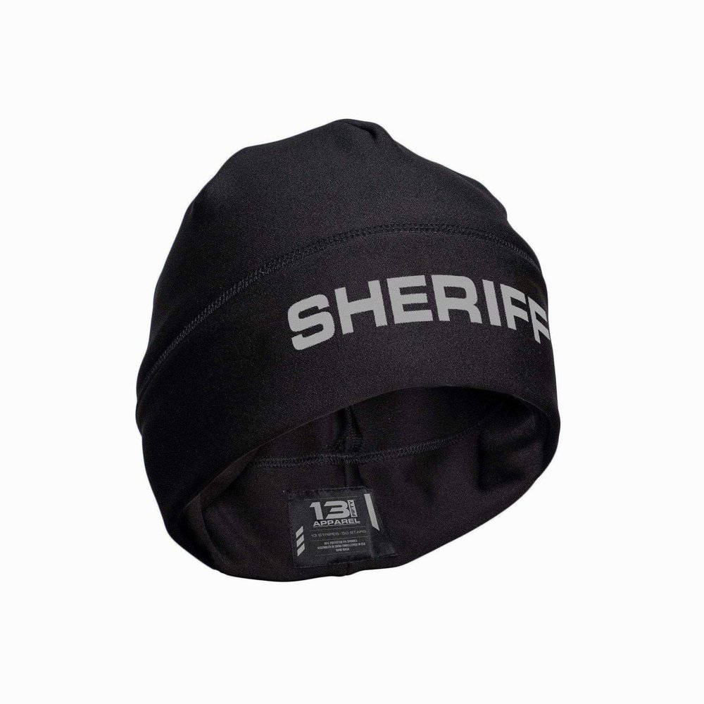 13FA Sheriff Reflective Utility Beanie - USA Patriotic Gear - Stretch-Fit Poly-Spandex - Unisex Hi-Vis Hat (US, Alpha, One Size, Standard, Black & Reflective)