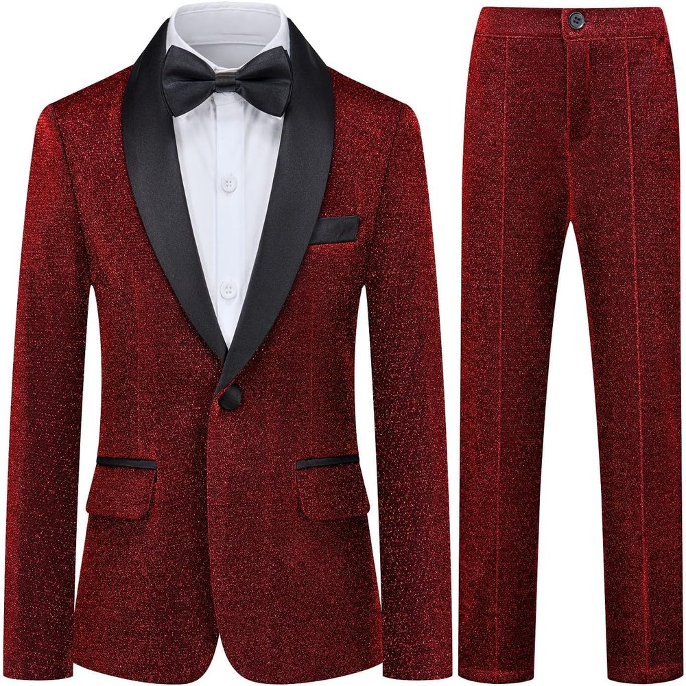 Boys Shiny Tuxedo Suit 2 Pieces Kids Bling Outfit Set Formal Dresses Set for Wedding Burgundy