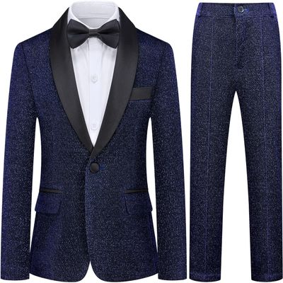 Boys Shiny Tuxedo Suit 2 Pieces Kids Bling Outfit Set Formal Dresses Set for Wedding Navy Blue