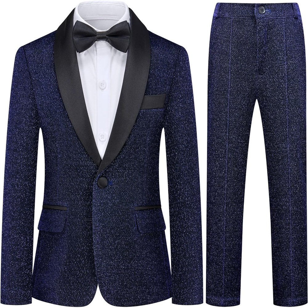 Boys Shiny Tuxedo Suit 2 Pieces Kids Bling Outfit Set Formal Dresses Set for Wedding Navy Blue