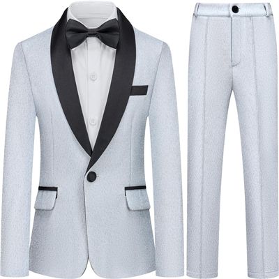 Boys Shiny Tuxedo Suit 2 Pieces Kids Bling Outfit Set Formal Dresses Set for Wedding Cement Grey