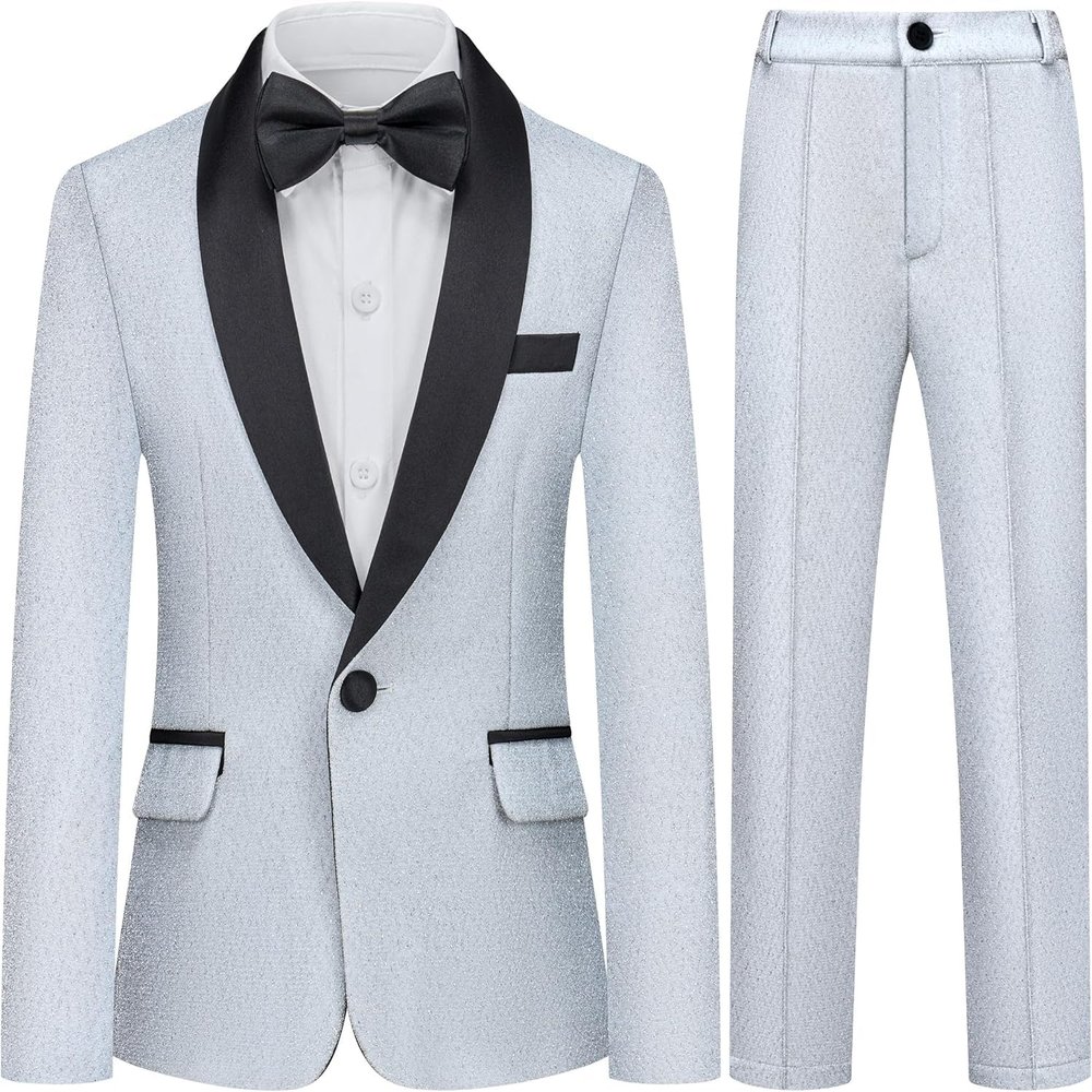 Boys Shiny Tuxedo Suit 2 Pieces Kids Bling Outfit Set Formal Dresses Set for Wedding Cement Grey