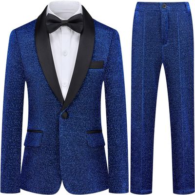 Boys Shiny Tuxedo Suit 2 Pieces Kids Bling Outfit Set Formal Dresses Set for Wedding Royal Blue