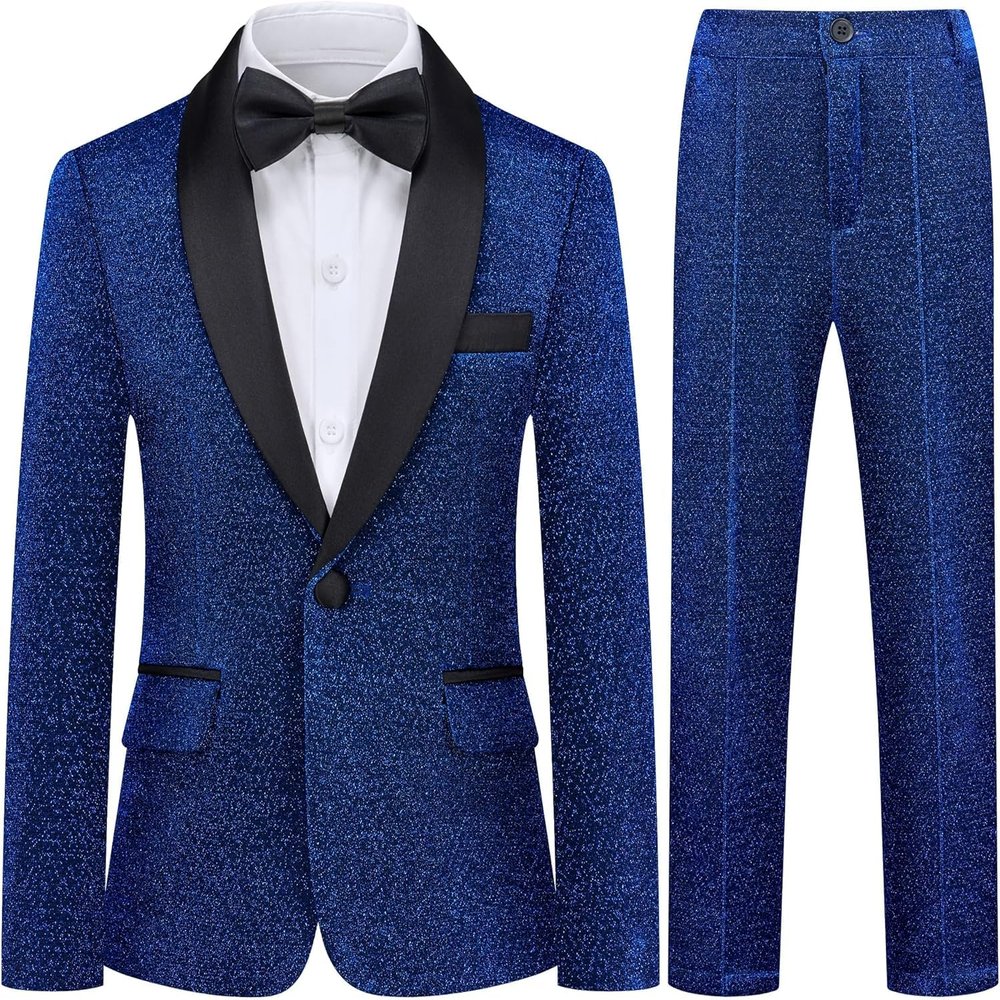 Boys Shiny Tuxedo Suit 2 Pieces Kids Bling Outfit Set Formal Dresses Set for Wedding Royal Blue