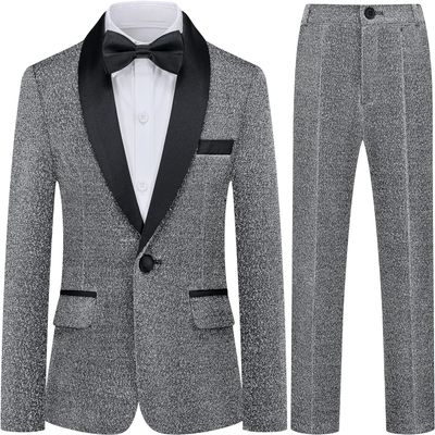 Boys Shiny Tuxedo Suit 2 Pieces Kids Bling Outfit Set Formal Dresses Set for Wedding Gray
