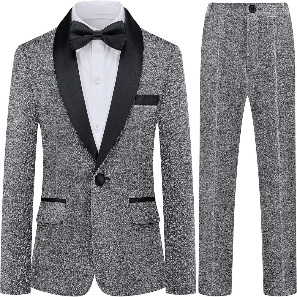 Boys Shiny Tuxedo Suit 2 Pieces Kids Bling Outfit Set Formal Dresses Set for Wedding Gray