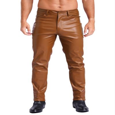 LiiYii Men's Leather Pants Steampunk Gothic Pants Slim Fit Leather Motorcycle Pants Straight Trousers Brown Large