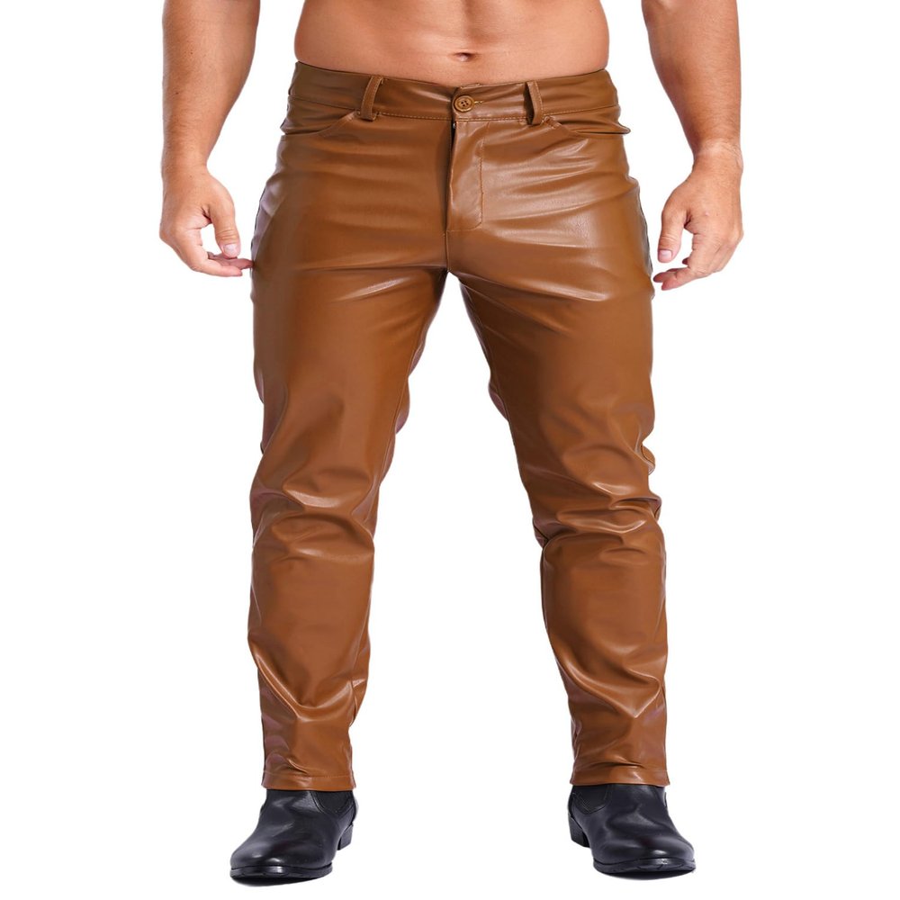 LiiYii Men's Leather Pants Steampunk Gothic Pants Slim Fit Leather Motorcycle Pants Straight Trousers Brown Large