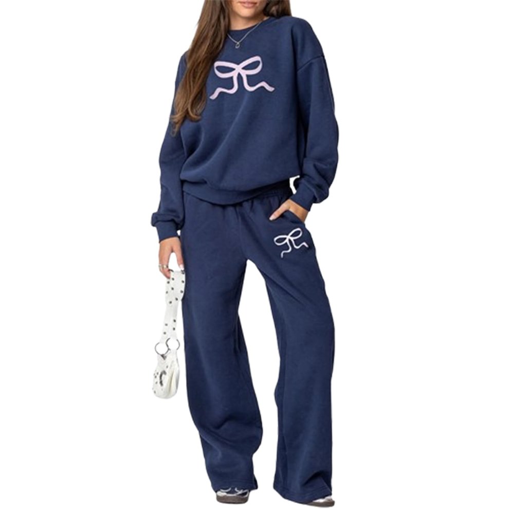 HUDFERG Women 2PCS Bow Print Sweatshirt Pullover Long Sleeve Crew Neck Hoodie and Sweatpants Tracksuits (Navy, L)